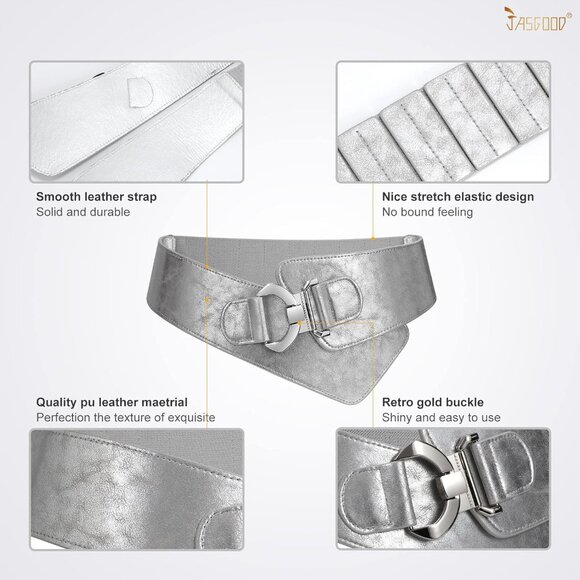 Women\'s Wide Elastic Stretch Waist Belt Adjustable Dress Belt Matte Silver Grey